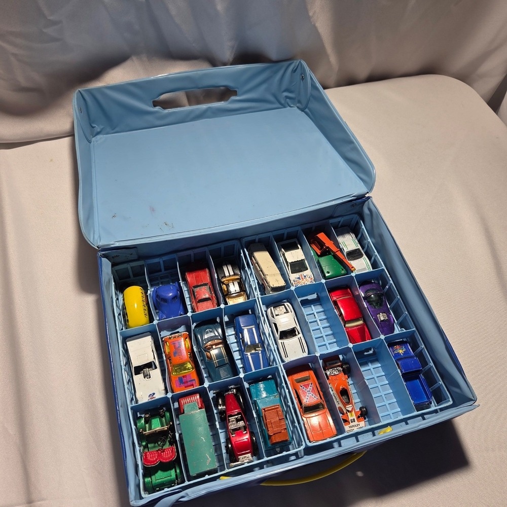 Vintage 1983 Matchbox Carry Case Blue Vinyl with 24 Hot Wheels Matchbox Cars Lot